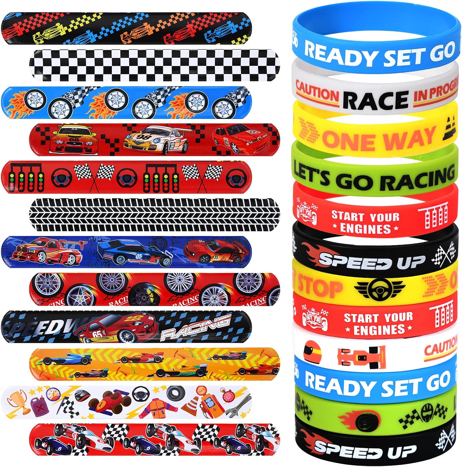 Lorfancy 48 PCS Race Cars Party Favors Slap Bracelets for Kids Boys Rubber Bracelets Silicone Wristbands Checkered Flags Car Racing Games Birthday Party Supplies Decorations