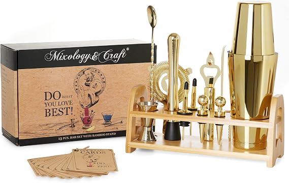 Mixology & Craft Bartender Kit - 13 Piece Set Including Stainless Steel Cocktail Making with Bar Stand & Boston Shaker, Perfect for Drink Mixing at Home, Plus Exclusive Recipe Cards