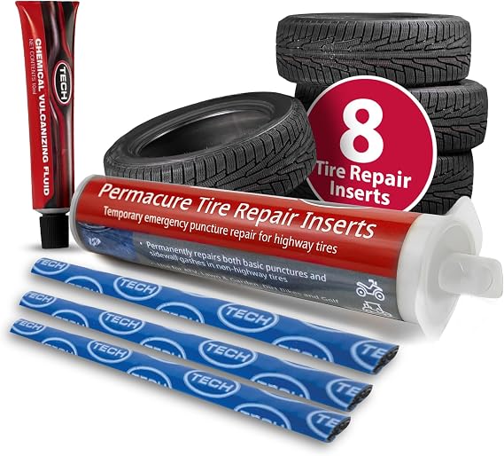 TECH Permacure Tire Repair Refill Kit - The Ideal Size Tire Repairs and Tools for Passenger Cars, Light Trucks, SUVs, Trailers, ATVs, Golf Carts, Farm Equipment and More (8 Repairs, No Tools)