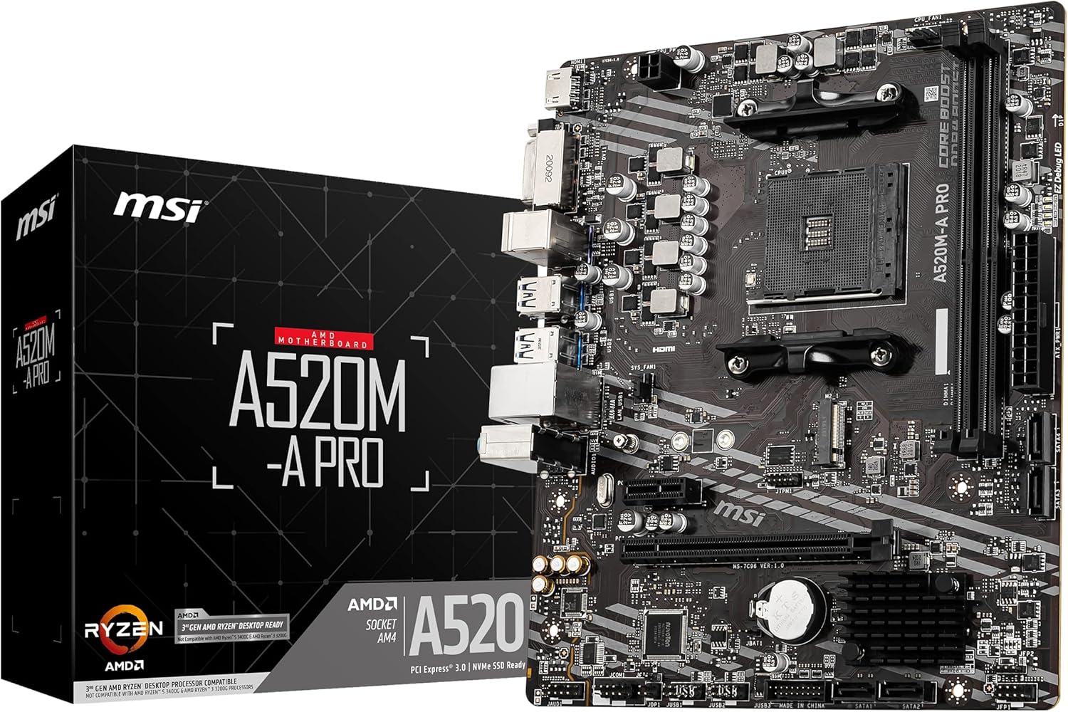 MSI A520M-A PRO AM4 DDR4 Bellek 4600(OC) DVI HDMI M.2 USB3.2 mATX