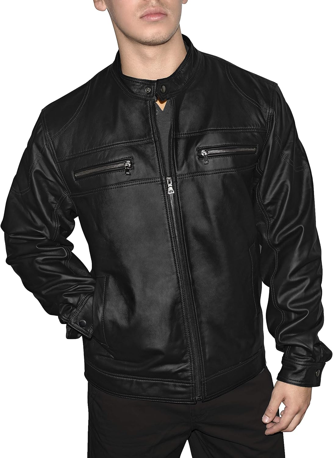 Victory Outfitters Mens Genuine Leather Jacket Multi Pocket Racing Jacket Motorcycle Jacket