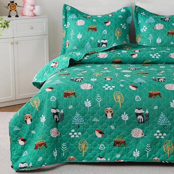 Green Forest Animals Themed Quilt Set Twin Size for Boys,2 Pieces