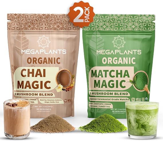 MEGAPLANTS Chai Magic & Matcha Magic (30 Servings) | Superfood 5 Mushroom Powder Blend for Focus, Clarity & Energy