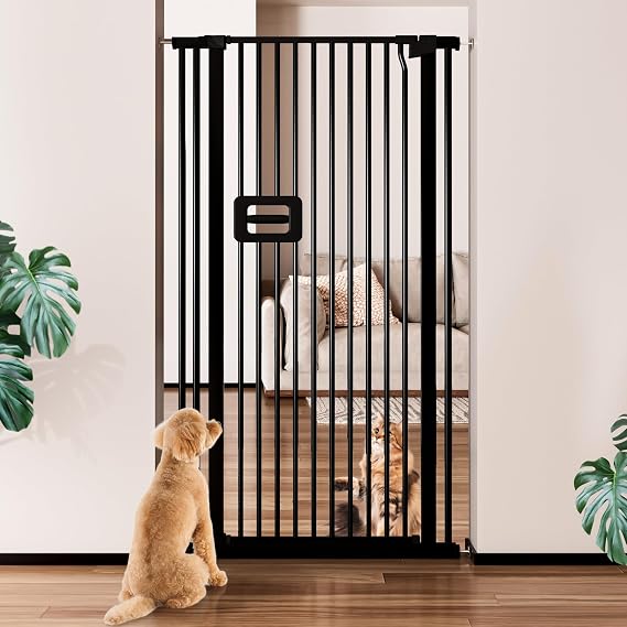 140CM Gate Extra Tall Pet Gate, 82-89CM Wide Cat Dog Gate for Doorways& Stairs, Tall Cat Gate Metal Walk Through Auto Close 3.5CM Narrow Gap, Pressure Mounted No Drilling,black