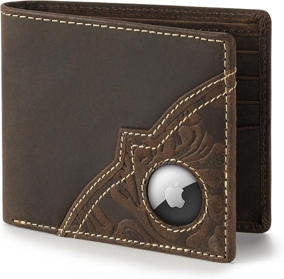 Wrangler Men's Wallet with AirTag Holder, Bifold Slim RFID Blocking Wallet, Genuine Leather, 11-22 Card Bifold, Brown