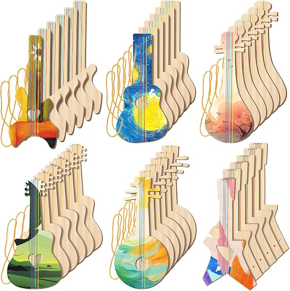 Syhood 36 Pcs DIY Wood Guitar Cutouts for Kids 12.4'' x 6.5'' Unfinished Wood Cutouts Guitar Crafts for Painting Kids Instruments Musical Gift for Crafts Class, Birthday, Theme Party DIY Project
