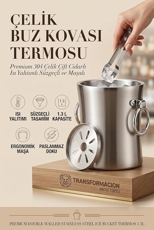 Transformacion Çift Cidarlı Isı Yalıtımlı Buz Kovası Termosu 1.3 L - Premium 304 Paslanmaz Çelik Süzgeçli ve Maşalı Profesyonel Bar ve Ev Tipi Endüstriyel Kumlama Lüks Buzluk 723392