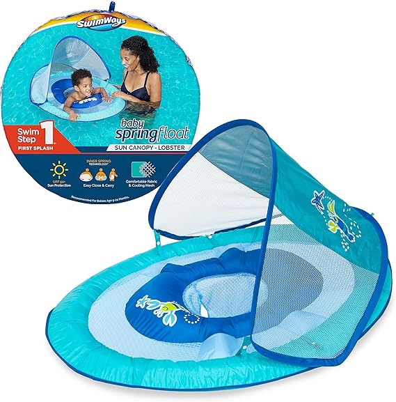 SwimWays Baby Spring Float with Adjustable Canopy and UPF Sun Protection, Blue Lobster
