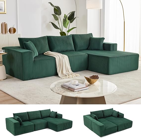 Weture 108 Modular Sectional Sofa, Cloud Sectional Couch with Deep Seat, Modern Modular L-Shape Sofa with Chaise,Upholstered Boneless Couches for Living Room Bedroom (Corduroy, Green)