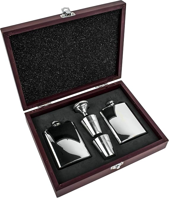 2X 2.4 oz Pocket Alcohol Liquor Flasks + 2X Shot Glasses + Funnel (5-Pieces) in Wooden Gift Box - Made from 304 (18/8) Food Grade Stainless Steel