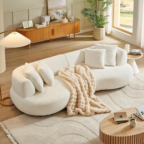 WILLIAMSPACE 102" Sectional Curved Sofa Couch for Living Room, Modern Luxury Cloud 4-Seat Boucle Sofa with Throw Pillows, Upholstered Curved Couch for Apartment (Cream White)