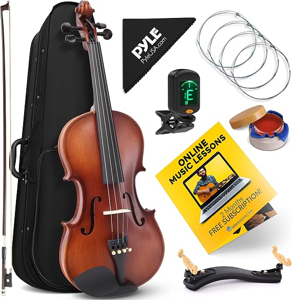 Pyle Full Size Beginner Violin 4/4 23-Inch Student Full Size Violin Starter Kit Adult w/Premium Travel Case & Student Bow, Extra Strings, Digital Tuner, Shoulder Rest & Cleaning Cloth