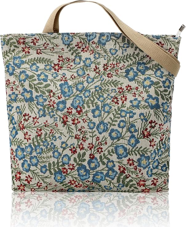 Paterr Blue Floral Canvas Tote Bag 16x13, Shoulder Bag Zipper Pocket