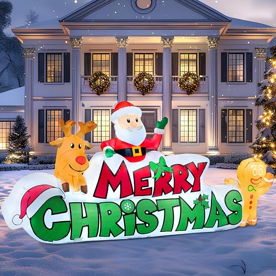 Joiedomi 9.5 FT Christmas Inflatable Merry Christmas Sign with Santa, Reindeer & Gingerbread Man Built-in LEDs, Outdoor Yard Garden Lawn Winter Decor for Xmas Party