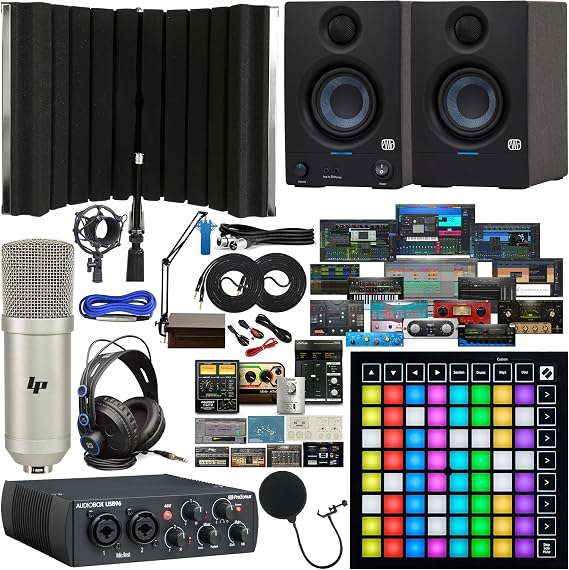 PreSonus AudioBox 96 Audio Interface Bundle Includes Software Kit, Novation Launchpad Mini Pad Controller, New Designed Eris 3.5 Studio Monitors, and Adjustable Suspension Boom Arm + HD7 Headphones