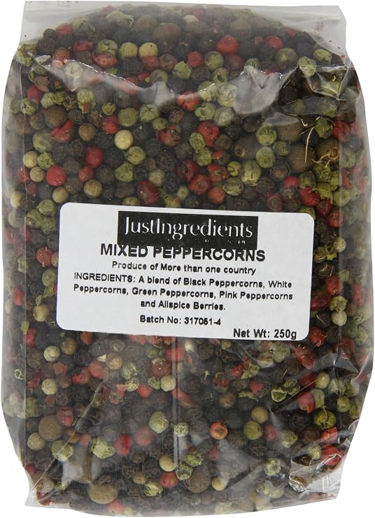 JustIngredients 5 Pepper Mix 250g, Premium Whole Mixed Peppercorns with Allspice, Black, White, Green & Pink Peppercorn Blend, Bold Aromatic Flavour for Seasoning, Cooking & Grinder Refills