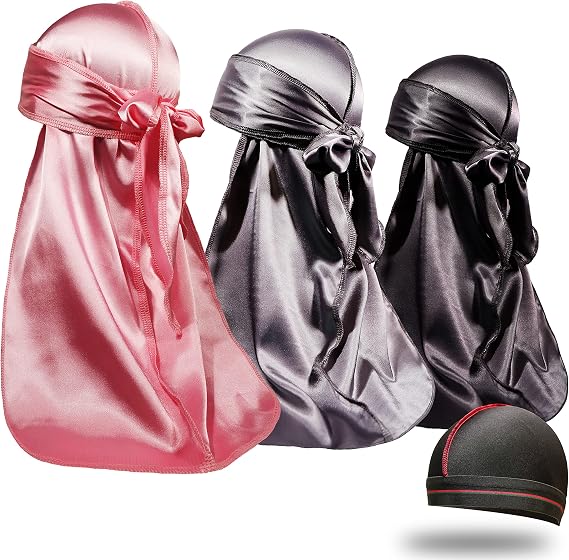 ForceWave Silky Satin Durags 3 Pieces and 1 Wave Cap Pack for Men Waves