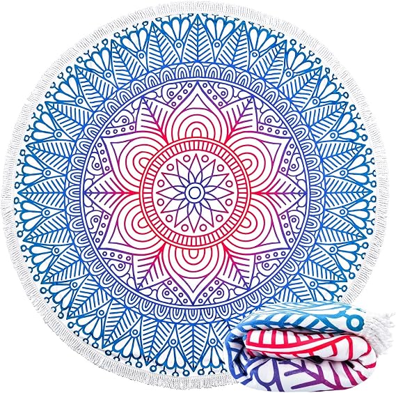 Retreez Large & Thick Microfiber Mandala Round Beach Towel Throw Blanket with Fringed 62"x 62" Soft Absorbent Quick Dry Multi-Purpose Picnic Yoga Meditation Mat Roundie for Women Men Boy Girl Kids