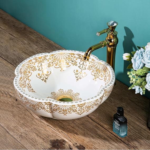 Moroccan Basin Sink Bowl for Bathroom White Gold Ceramic Above Counter Porcelain Flower Shape Vanity Top Sinks for Hotel Garden,1 Sink Only