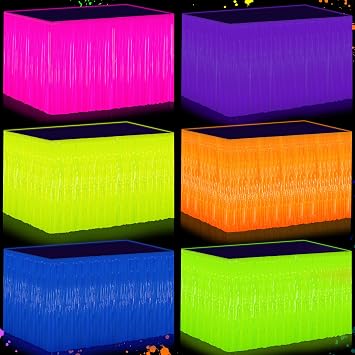 Glow in the Dark Party Supplies - 6Pack Neon Tinsel Fringe Table Skirts Party Decoration, 31.5"x118" UV Reactive & Fluorescent Neon Streamers for Birthday, Rave, Blacklight & Glow Event