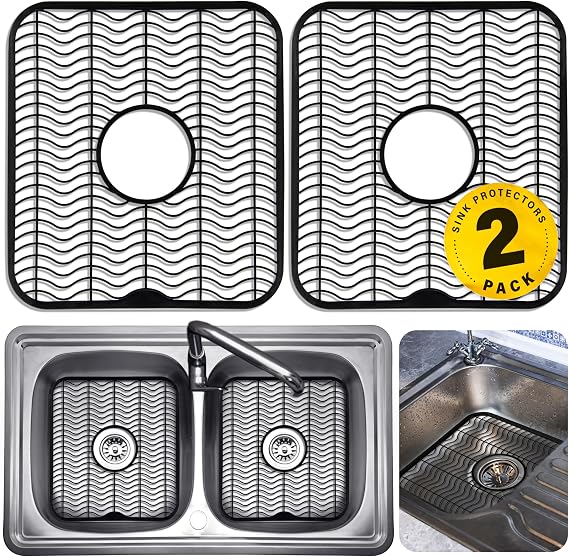 DecorRack 2 Sink Protectors for Kitchen Sink, Plastic 12" x 11" Dish Rack, Protect Sink from Stains, Damage, Scratches, Dishwasher Safe Grid Mat for Kitchen (2 Pack, Black)