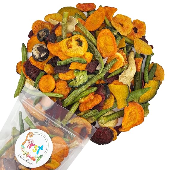 FirstChoiceCandy Super Mix Vegetable Chips, Yellow & Purple Sweet Potato, Squash, Taro, Carrot, Green Bean, Beets, Okra, Shiitake, Beets, Button & Oyster Mushrooms, Tomato, Cucumber, No Sugar or Food Coloring added, in 1 Pound Reselable Bag