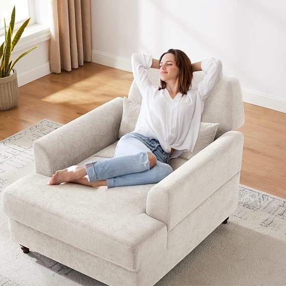 Oversized Chaise Lounge Chair with Adjustable Backrest, Chenille Camel