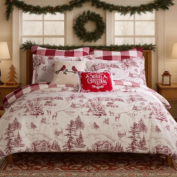 Levtex Home - Winter Sleigh Ride Comforter Set - Full/Queen Comforter (90x94in.) + Two Shams (20x26in.) - Toile - Red Cream - Reversible - Cotton