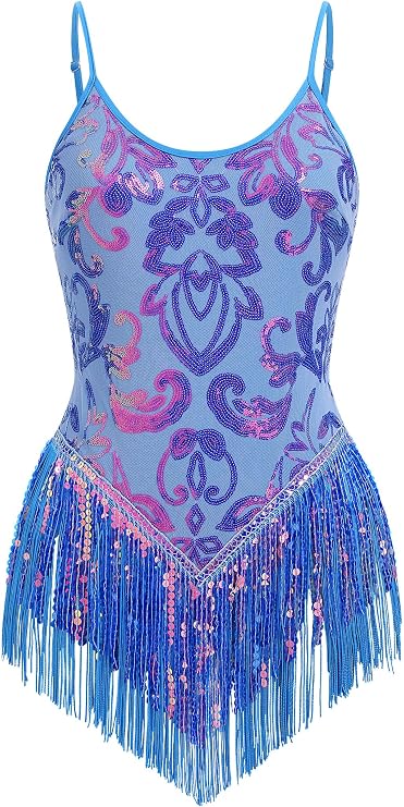 IBAKOM Women Sexy Sequins Fringe Bodysuit Sparkly Latin Jazz Dance Costume