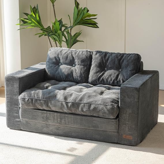 MAXYOYO Sofa Bed, Loveseat Convertable with 2 Pillows, 2 in 1 Comfy Corduroy Sofa 2 Seater, Floor Lounger Pull Out Sleeping Area 101x196CM, 15cm Thincken Mattress