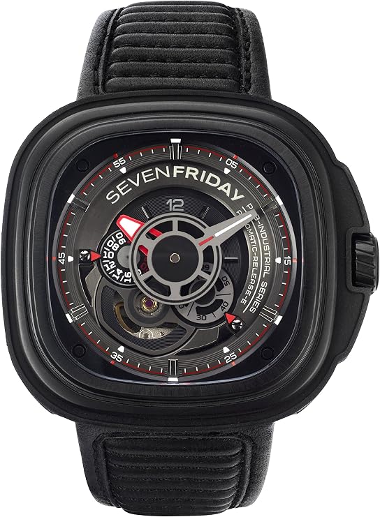 Seven Friday P3B/01 Men's Wristwatch, Watch Black Genuine Leather Strap Waterproof 3ATM