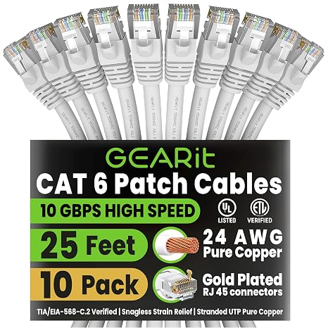 GEARit Cat6 Patch Cables Cat 6 Ethernet Cable 25 ft 10-Pack White