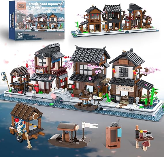 Traditional Japanese Cherry Blossom Village Building Set, Sakura Street View Architecture Building Block - Izakaya & Tea House, Collectible Construction Toy Gift for Adults & Anime Fans, 2058Pcs