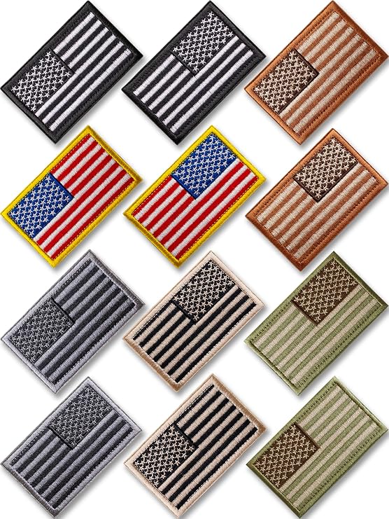 Right Sleeve Hand American Flag Tactical Patches 12 Pcs Bundle Set Muted Color Full Embroidery Hoop & Loop Morale Military Uniform Emblem Patches for Backpacks, Dog Vest Harness, Army Gears