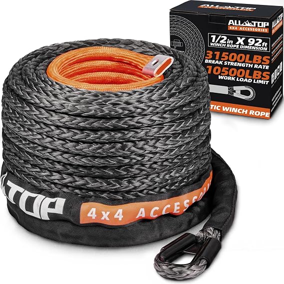 ALL-TOP Synthetic Winch Rope Cable, 1/2" x92ft, 31500LBS Winch Replace Line with Protective Sleeve for Offroad Vehicle SUV Truck