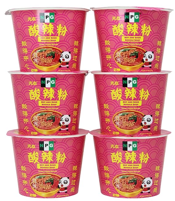 NPG Hot and Sour Noodles 3.7 Oz (Pack of 6), Non-Fried Sweet Potato Noodles, Spicy Szechuan Instant Cup Soup, Authentic Sichuan Suan La Fen with Numbing Szechuan Peppercorn, Hot and Sour Ramen