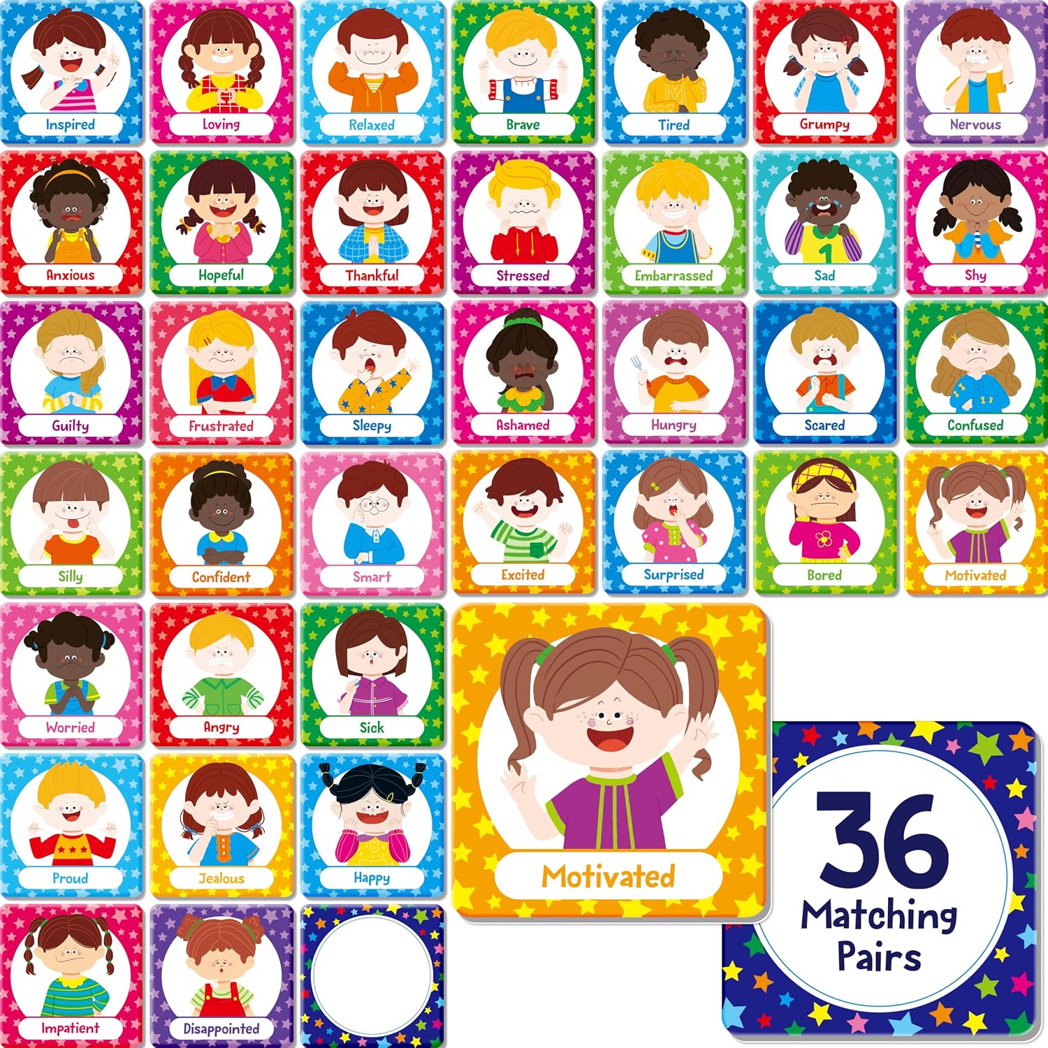 Hebayy 72 PCS Emotions Matching Game, 36 Pairs Feelings Memory Matching Cards Emotional Learning Activities Calm Down Corner Supplies for Baby Toddler Pre-K Preschool Kindergarten Autism ADHD