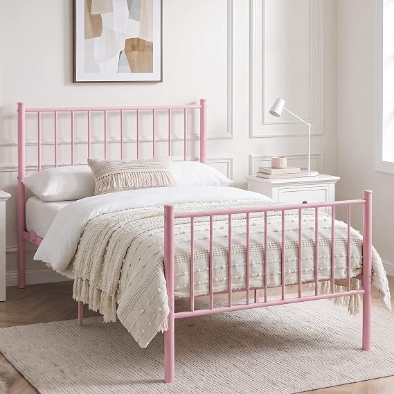 Blisswood Single Bed Frame Metal 3FT, Heavy Duty Metal Bed Frame with Vertical Headboard and Footboard, Solid Slatted Base, Under Bed Storage, No Box Spring Needed, 196 × 100 × 113 cm, Pink