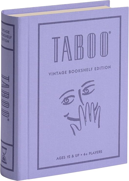WS Game Company Taboo Vintage Bookshelf Edition Word-Guessing Party Game | Classic Group Game, Buzzer, Timer, Linen-Wrapped Book Box, Integrated Storage, 4 or More Players, Adults and Kids 12 and Up
