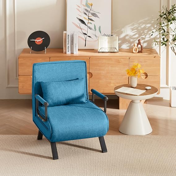 Folding Chair Bed, Comfy Convertible Sleeper Sofa, 5 in 1 Folding Bed with 5-Position Adjustable Backrest Pillow, Tanning Beds for Home,Floor Single Chairs for Small Spaces, Office (Blue)