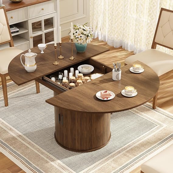 47.2"-62.9" Extendable Round Dining Table for 4-8, Walnut
