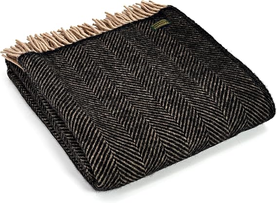 Tweedmill Textiles 100% Pure Wool Blanket Herringbone Design in Vintage Black & Camel