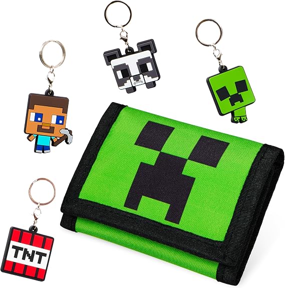Minecraft Kids Wallets for Boys with Card Slots & Zip Coin Pocket & Keyrings, Official Merchandise Gifts for Kids