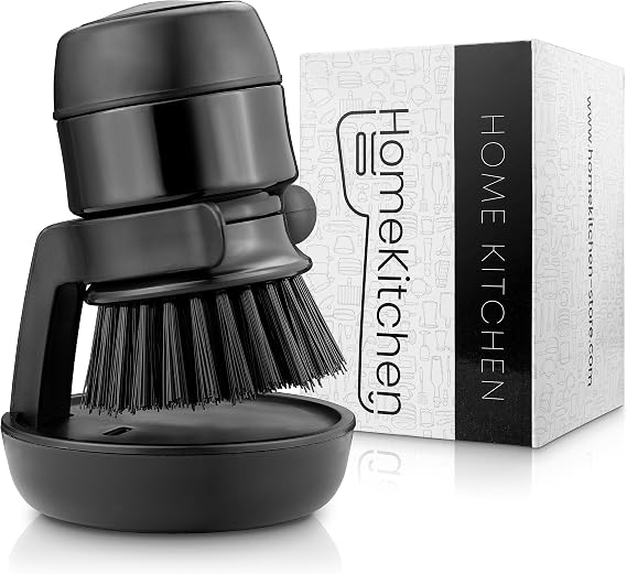 HomeKitchen® Washing Up Brush with Washing Up Liquid Dispenser and Holder, Black Refillable with Washing Up Liquid, Round Cleaning Brush for Pans, Scourer, Dish Brush