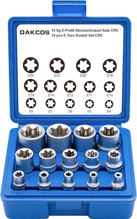 DAKCOS 14-Piece External Torx Socket Set 1/4 Inch 3/8 Inch and 1/2 Inch Sockets E4 E5 E6 E7 E8 E10 E11 E12 E14 E16 E18 E20 E22 E24 Made of CR-V with Matt Chrome Finish