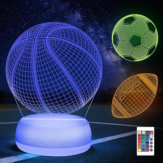 Sports Ball Night Light - 3D Acrylic 16 Color Changing Lamp with Basketball, Football, Soccer Ball Patterns & Remote, Amazing Gift for Boys Kids Sports Fans Birthday Christmas