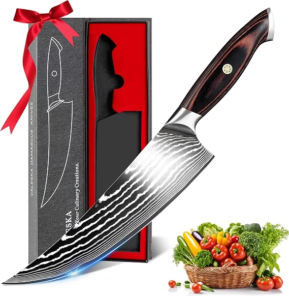 VALESKA 8 Inch Japanese Damascus Chef Knife, VG10 High Carbon Stainless Steel Kitchen Knife with wooden Handle, 15 Degree Edge Razor-Sharp, Gift Box for Family & Friend and Restaurant