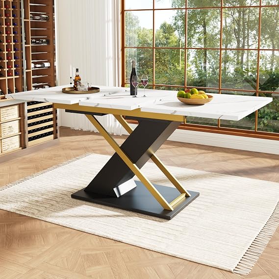 ModernLuxe Extendable Dining Table with Internal Insert Panel, Kitchen Table with Marble-Pattern Top and Elegant Gold Cross Legs, MDF Construction, Space-Saving Design, 120–160×80cm