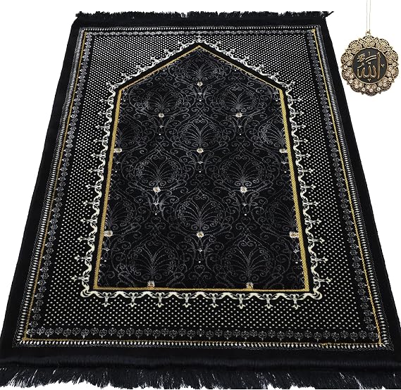 Modefa Turkish Islamic Velvet Prayer Rug - Thick & Wide Soft Carpet for Men & Women - Large Muslim Salah Mat - Ramadan & Eid Gift - with Car Hanger - Double Plush Topkapi (Black)