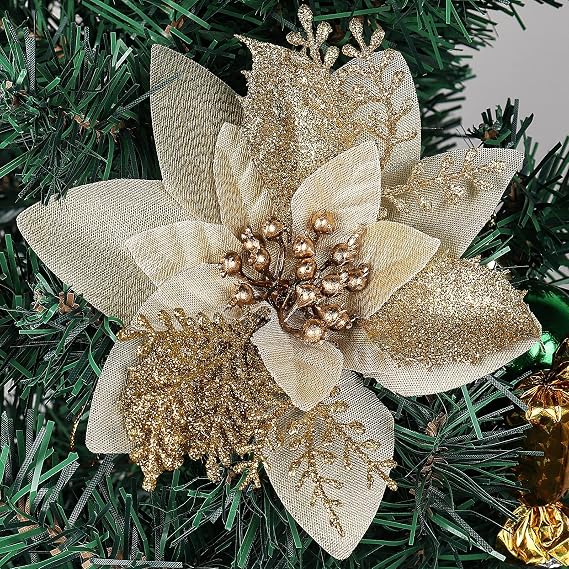 RECUTMS Christmas Tree Ornaments 10 Pack Gold Glitter Poinsettia Flowers